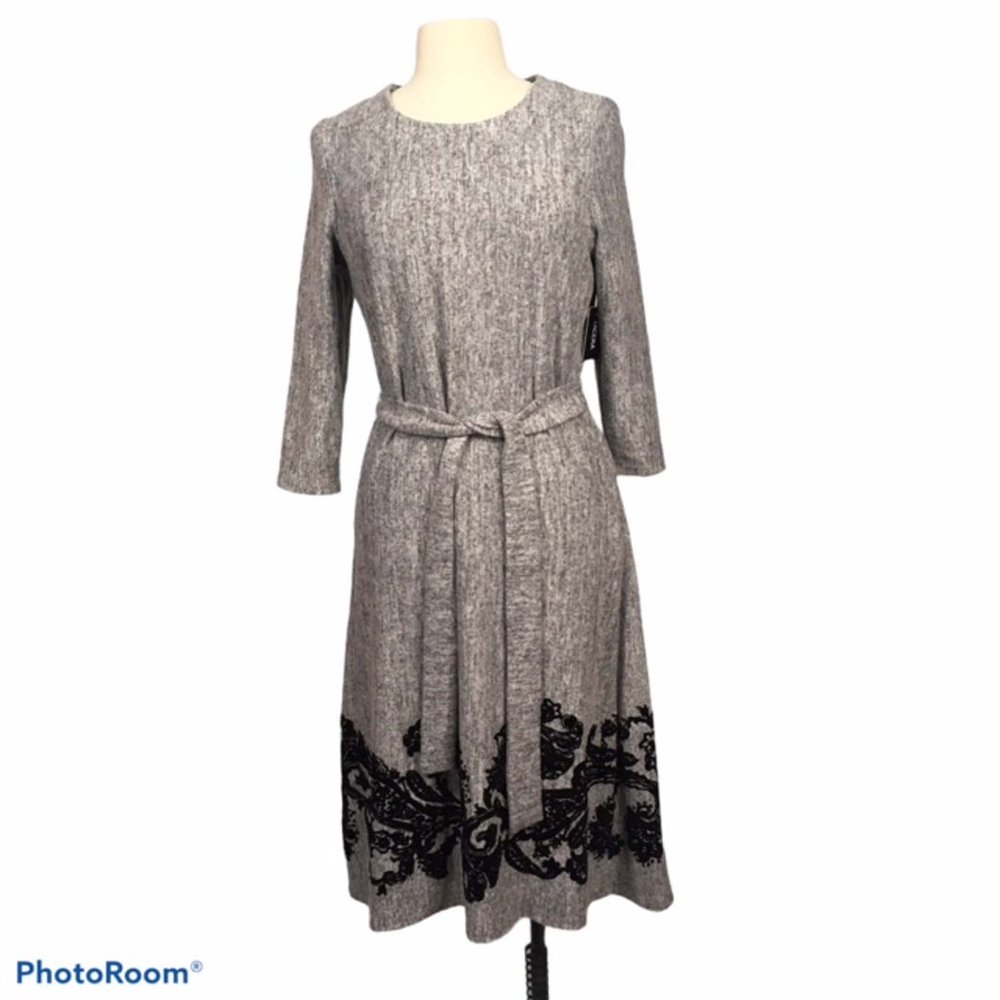Tacera Gray A-Line Knit Dress with Black‎ Applique